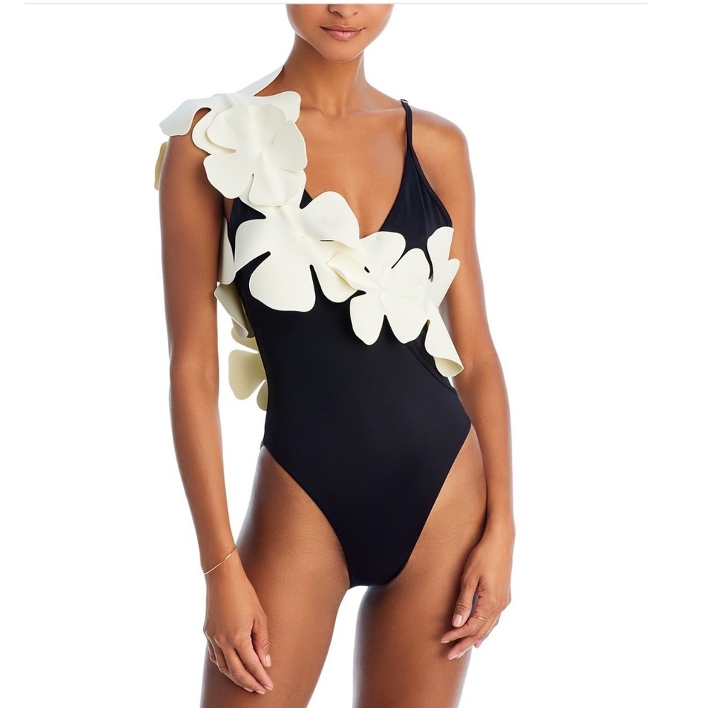 Bahia Maria Guayacan One Piece Swimsuit Black Floral Applique Plunging Large